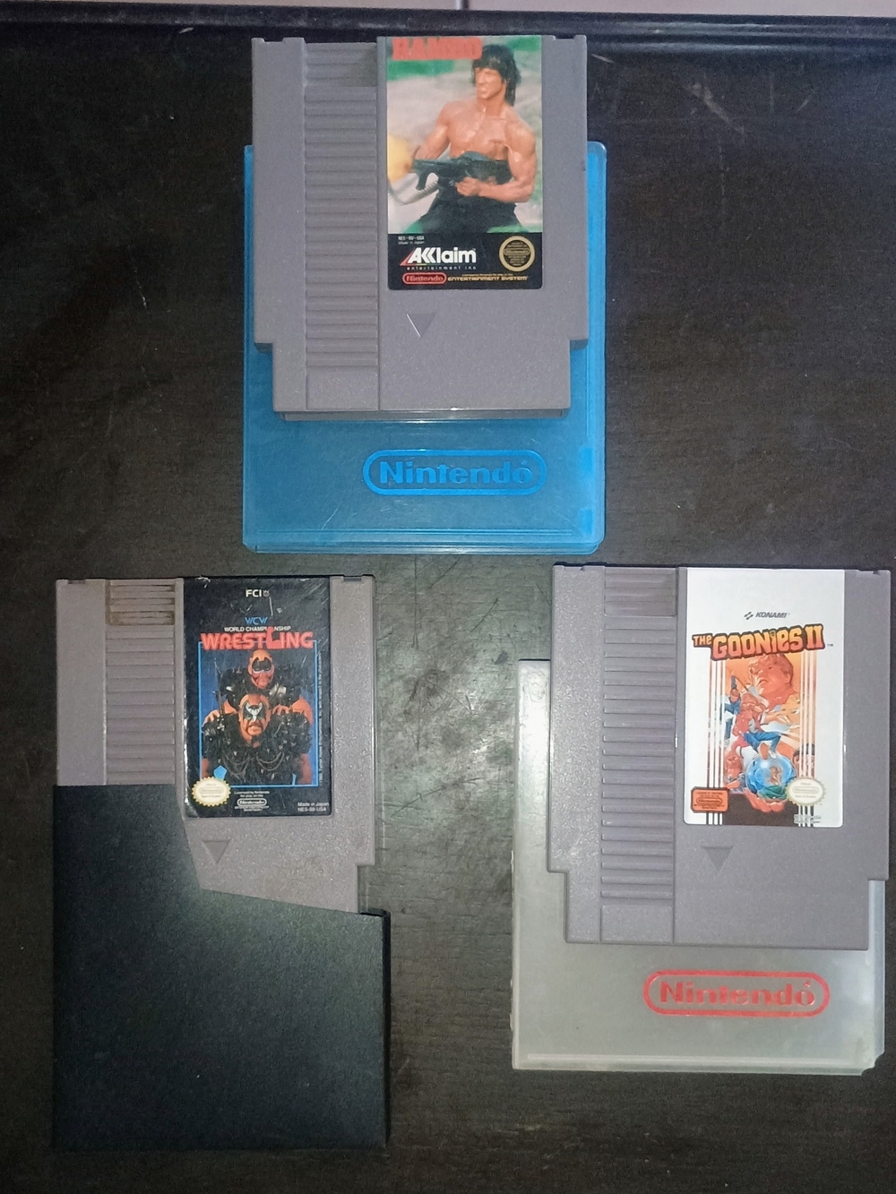 Nintendo NES Game Cartridges Rambo,WCW Wrestling And The Goonies 2